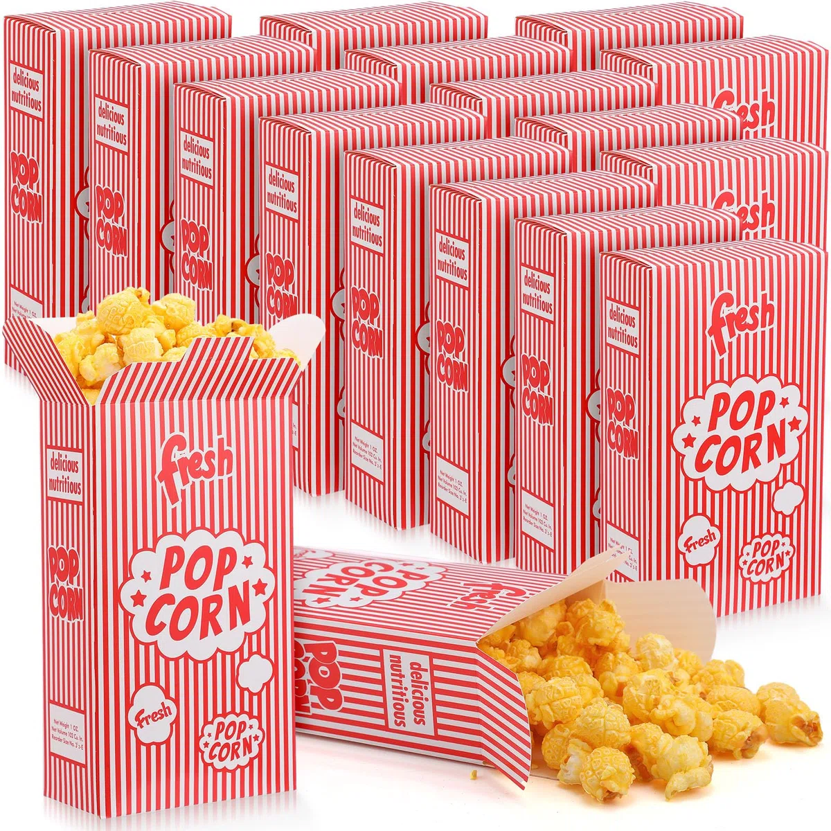 Ireer 200 cajas de palomitas de maíz para fiestas de películas a granel, contenedores de palomitas de maíz cerrados, cajas de papel a rayas rojas y blancas para máquina de palomitas de maíz, teatro,