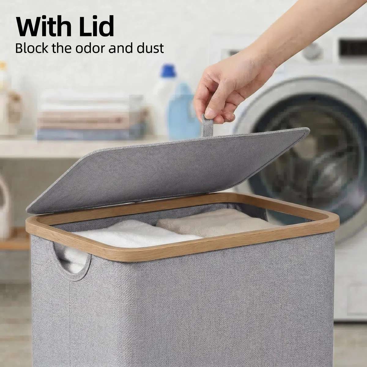 efluky Cesto Alto Grande de 100 L con Tapa y Asas de Bambú para Ropa sucia, Cubo Plegable laundry basket XXL con Bolsa Interior Gris