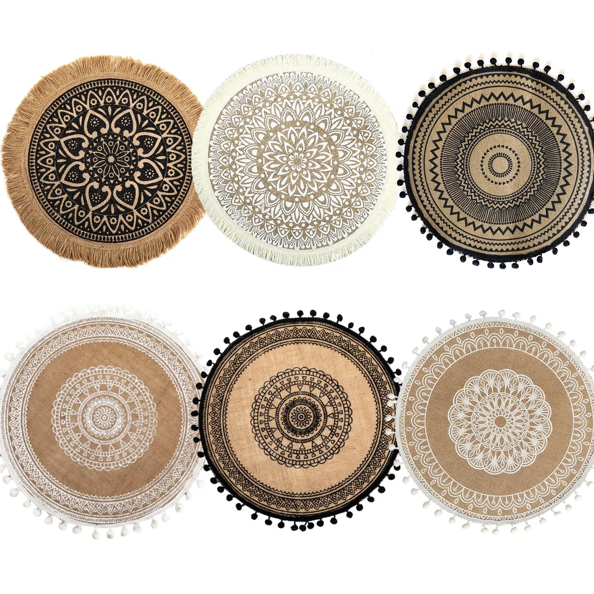 6 Piezas Manteles Individuales Redondos de Estilo, Manteles Individuales de Yute Resistentes al Calor, Mantele Individuale Redondo Estilo Bohémio de Yute, para Aislamiento, Decoracióny Fotografía