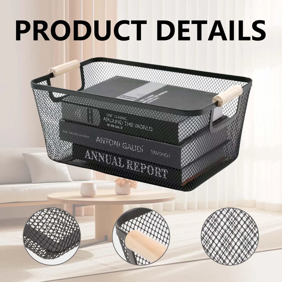 Cestas De Alambre, 2PC Cestas De Almacenamiento De Metal Negro Cesta De Cocina Con Asas De Madera Frutas Organizador Colgante Multifuncional Cestas De Estante Para Cocina Despensa Baño Dormitorio