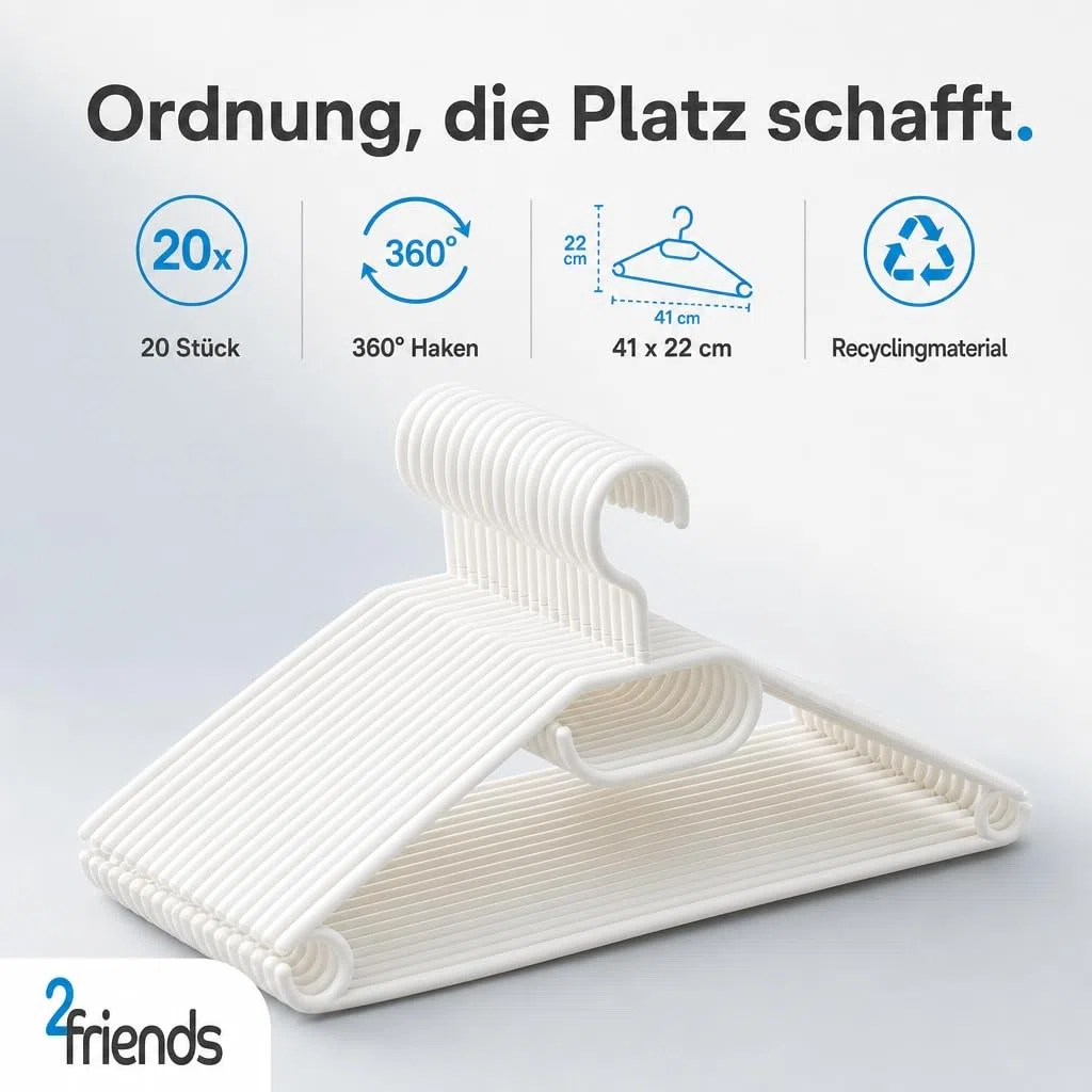2friends 50 perchas de plástico blanco con ganchos giratorios, 41 cm de plástico blanco, 50 perchas fabricadas en la UE, material 100% reciclado, modelo Lea