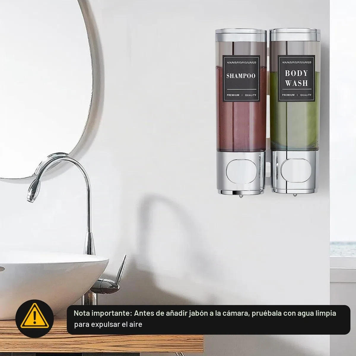 Dispensador de Jabón de Ducha 3 Recipientes, Sin Taladro – Dosificador para Champú, Acondicionador y Gel de Ducha de Gran Capacidad (2x300ml, Plata) para Baño, Cocina, Hotel Plata 2 cámaras