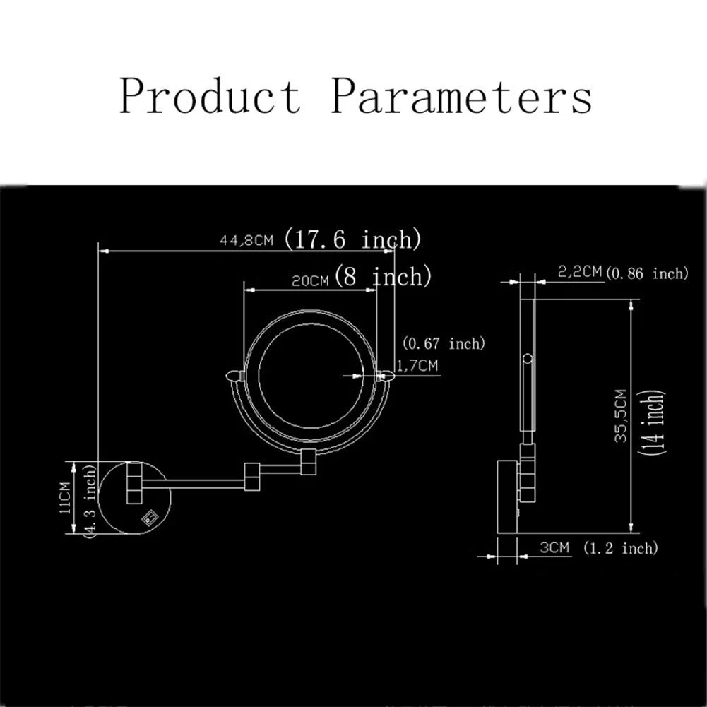 Espejo de Maquillaje, Espejo de maquillaje montado en la pared con aumento, espejo de tocador de baño de dos caras premium de 8 pulgadas con luz LED, giratorio de 360 grados, brazo extensible, redondo