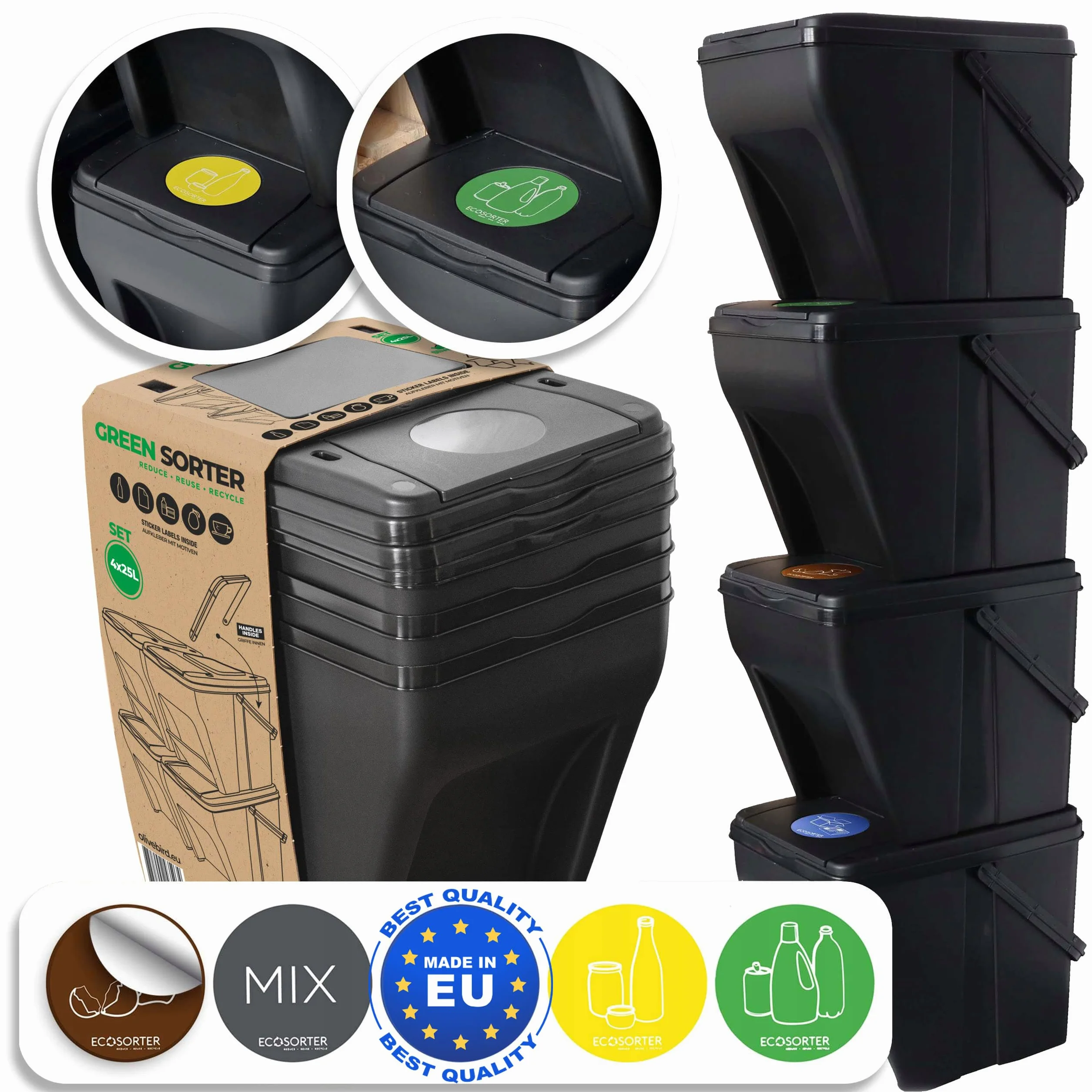 4 Cubo Basura Reciclaje 100L - 4x25L con 5 colores de pegatinas Cubo de clasificación selectiva para residuos orgánicos, papel, vidrio Sistemas de clasificación de basura