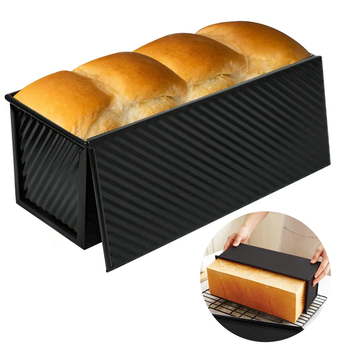 Moldes Para Pan Con Tapa Masa de 1000g, Antiadherente Grande Molde Para Pan De Molde Con Tapa, Molde Pan De Molde Acero Al Carbono Corrugado Para Hornear Tostadas, Pan, Pasteles y Sándwiches