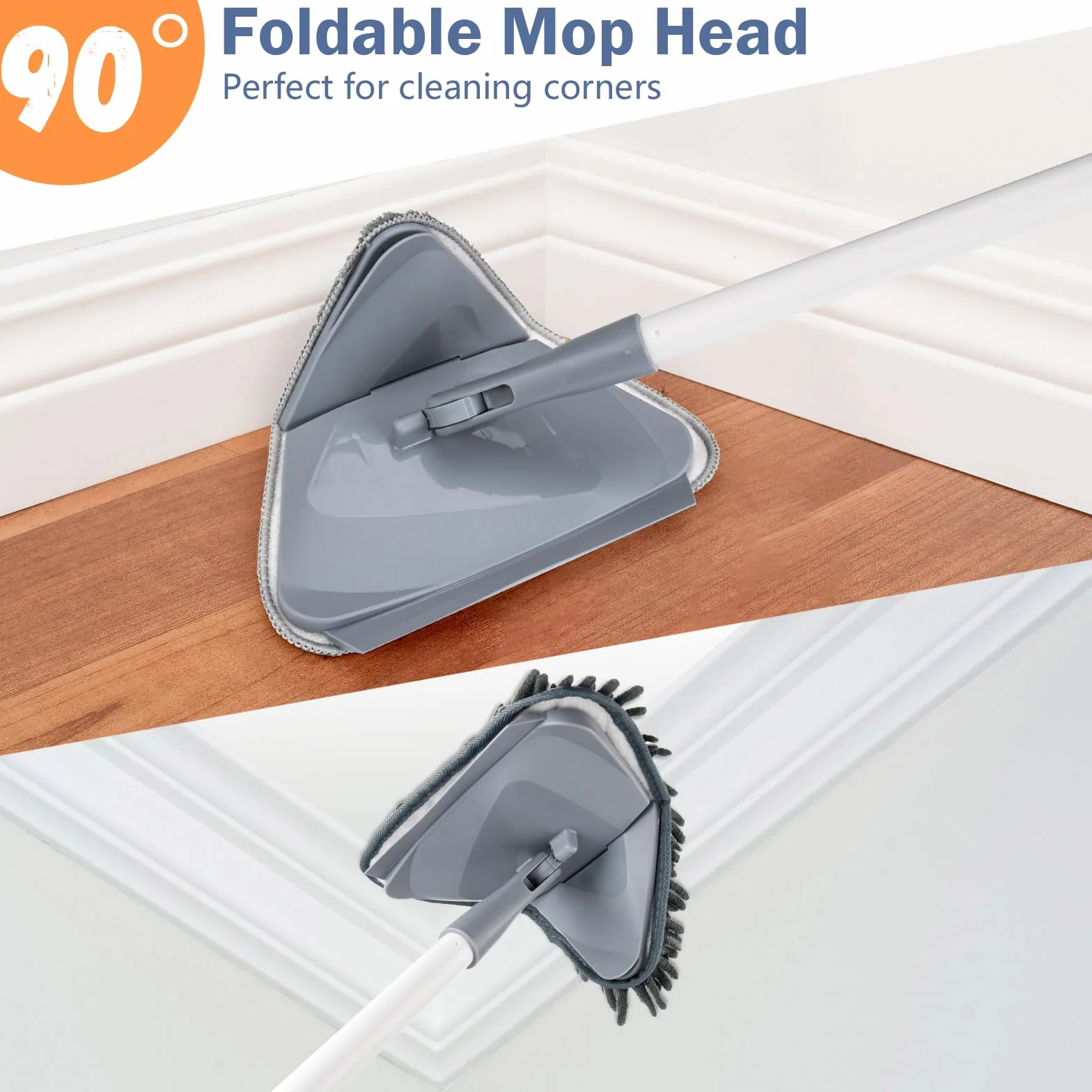 TAOPE Mopa para Limpiar Azulejos y Paredes, Limpiador de Techos con Mango Largo de 200 CM, Fregona Limpieza Plegable con 6 pcs Microfibra Chenilla, Gris Trapeador de Triangular para Ventana