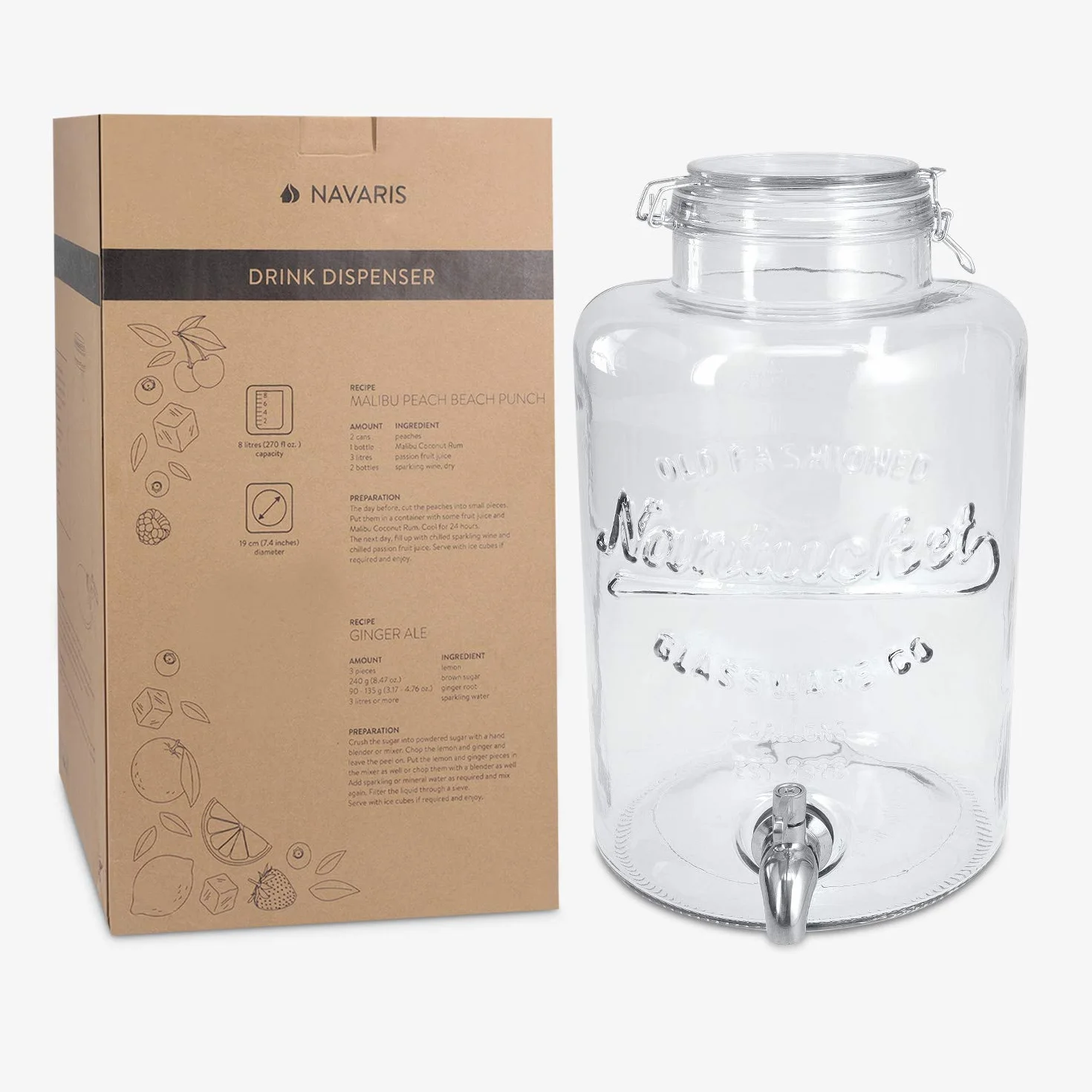 Navaris Dispensador de Bebidas con Grifo 8L - Recipiente de Vidrio con Tapa y Cierre Giratorio de Acero Inoxidable - Agua Jugo Vino Sangria