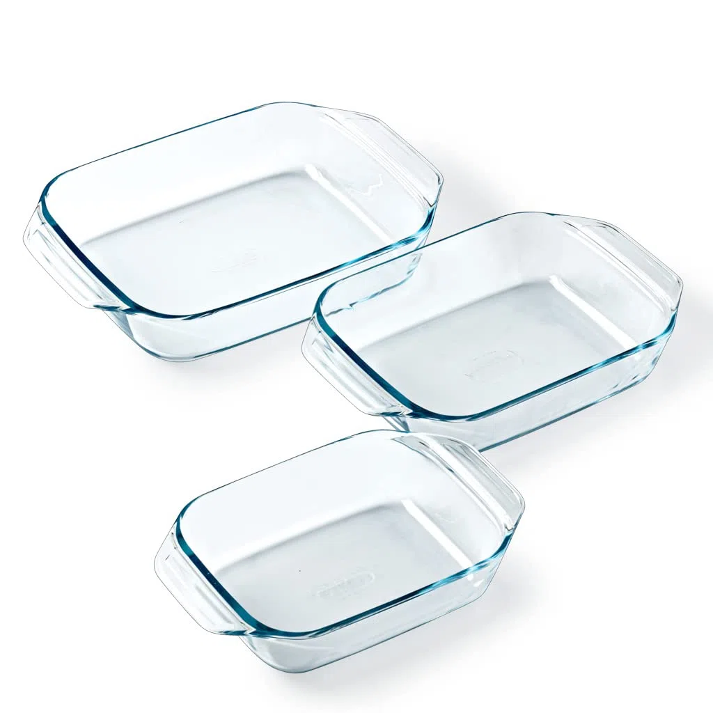 Pyrex - Juego de 3 platos de horno rectangular para 2 a 6 personas, 3 tamaños, vidrio borosilicato, asas anchas, resistencia extrema, compatible con lavavajillas