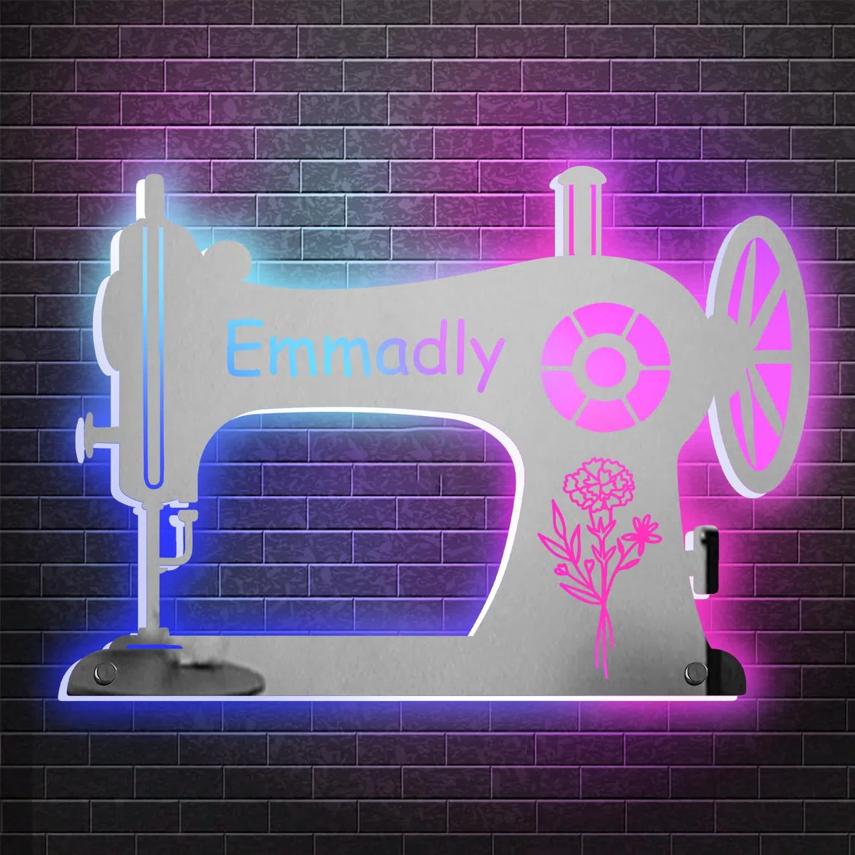 Espejo de máquina de coser con nombre personalizado para mamá, esposa, abuela, familia, personalizable, cumpleaños, flor, mes, máquina de coser montada en la pared, espejo acrílico, letrero