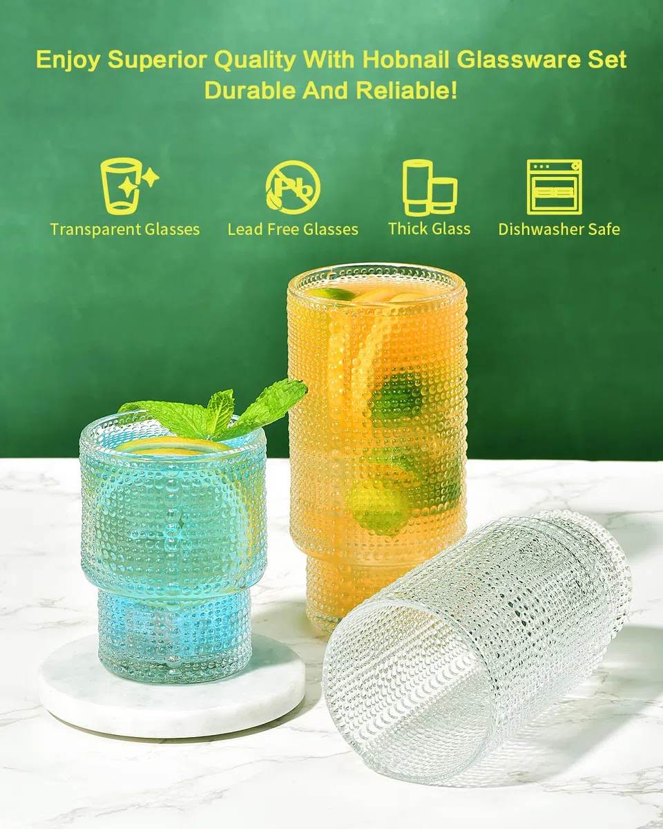 ISMASOAN Hobnail - Juego de 12 vasos de vidrio de 12 onzas y 7 onzas, cristalería de hoballo, cristalería vintage, vaso de agua romántico, vasos de beber, vasos Collins