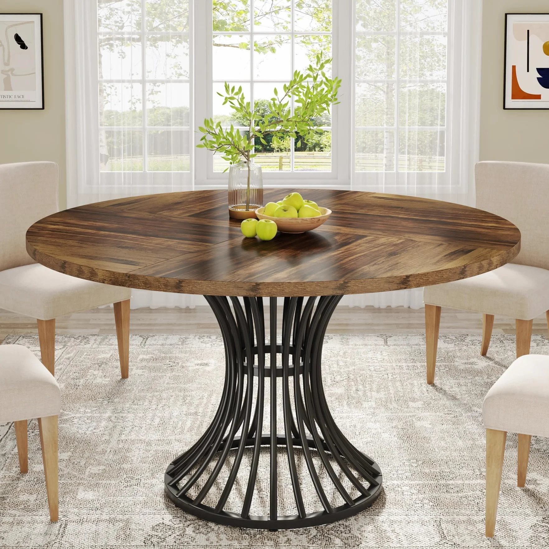 Tribesigns Mesa de Comedor Redonda para 4-6 Personas, 120 cm, Redonda, Mesa de Comedor Industrial con Base de Metal para Cocina, Salón, Color Negro y Marrón