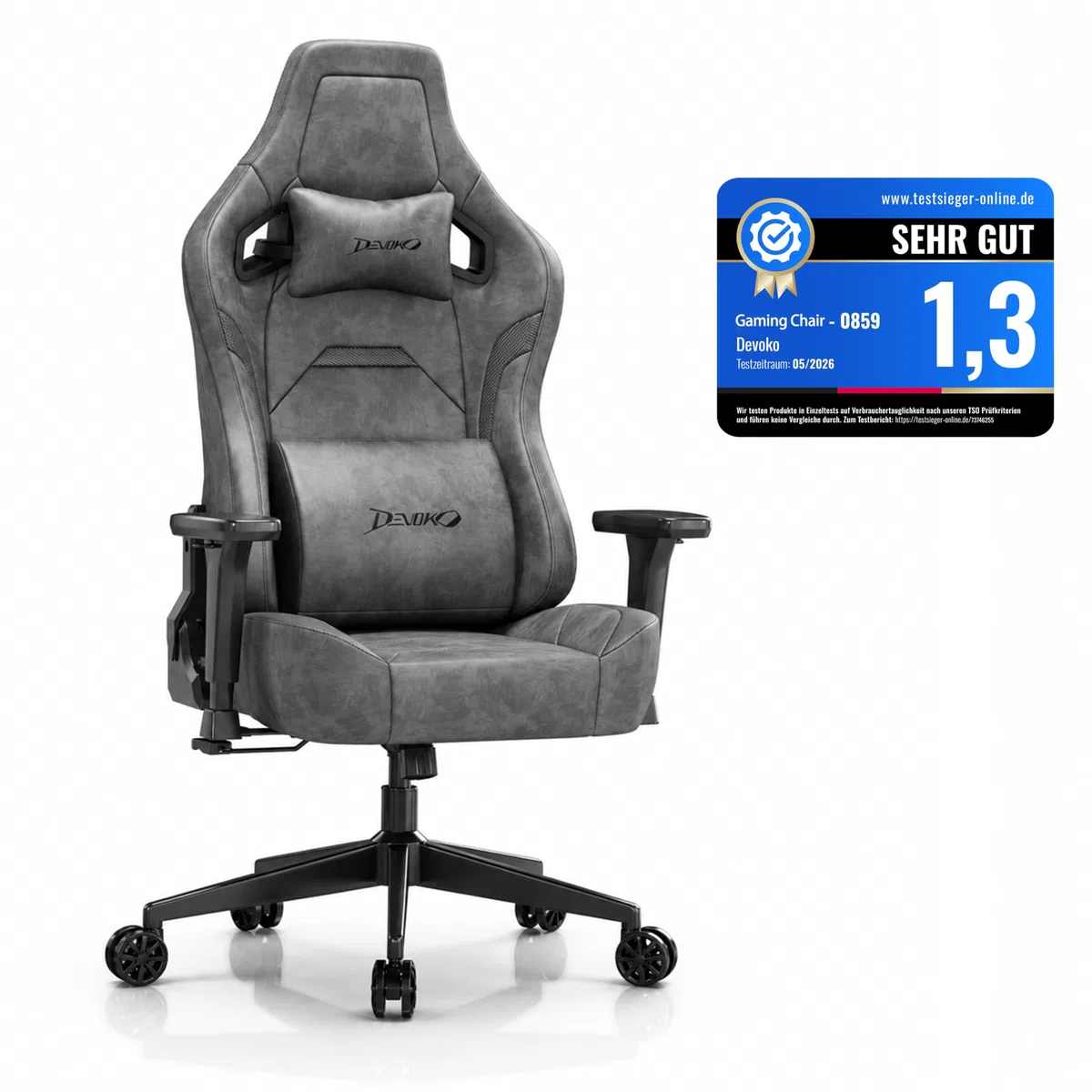 Devoko Silla Gamer Ergonómica para Oficina y Ordenador, Gamuza Suave, Reposabrazos 3D, Espuma Moldeada, Cojín Lumbar Ajustable, Base Metálica Fuerte, 180 kg, Gris Carbón
