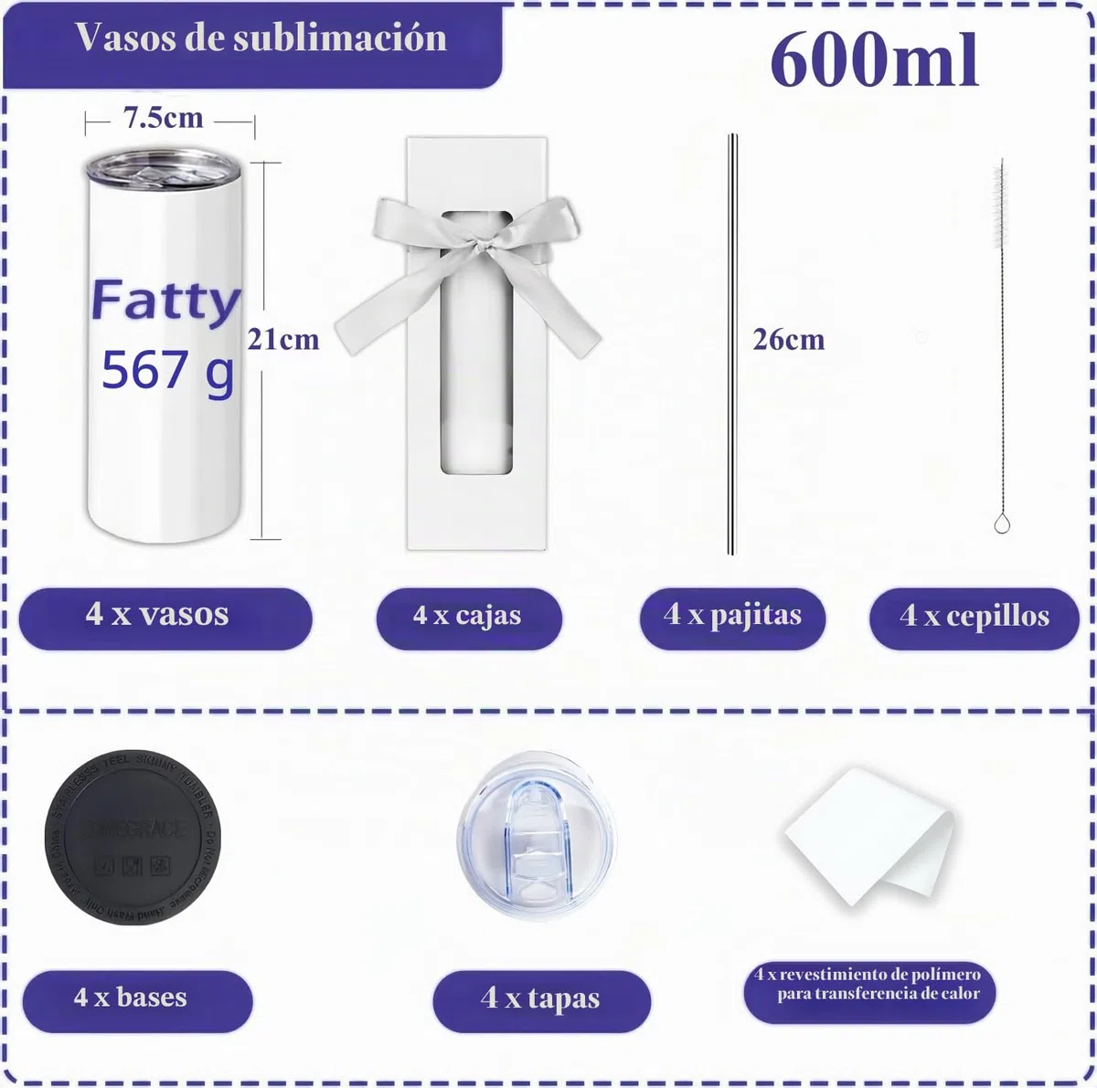 LATERN 4 Piezas Vasos de Sublimación Rectos, 600ml Acero Inoxidable Vasos con Aislamiento de Doble Pared Latas de Sublimación Blancas en Blanco con Tapa, Pajita, Caja de Regalo, Recubrimiento