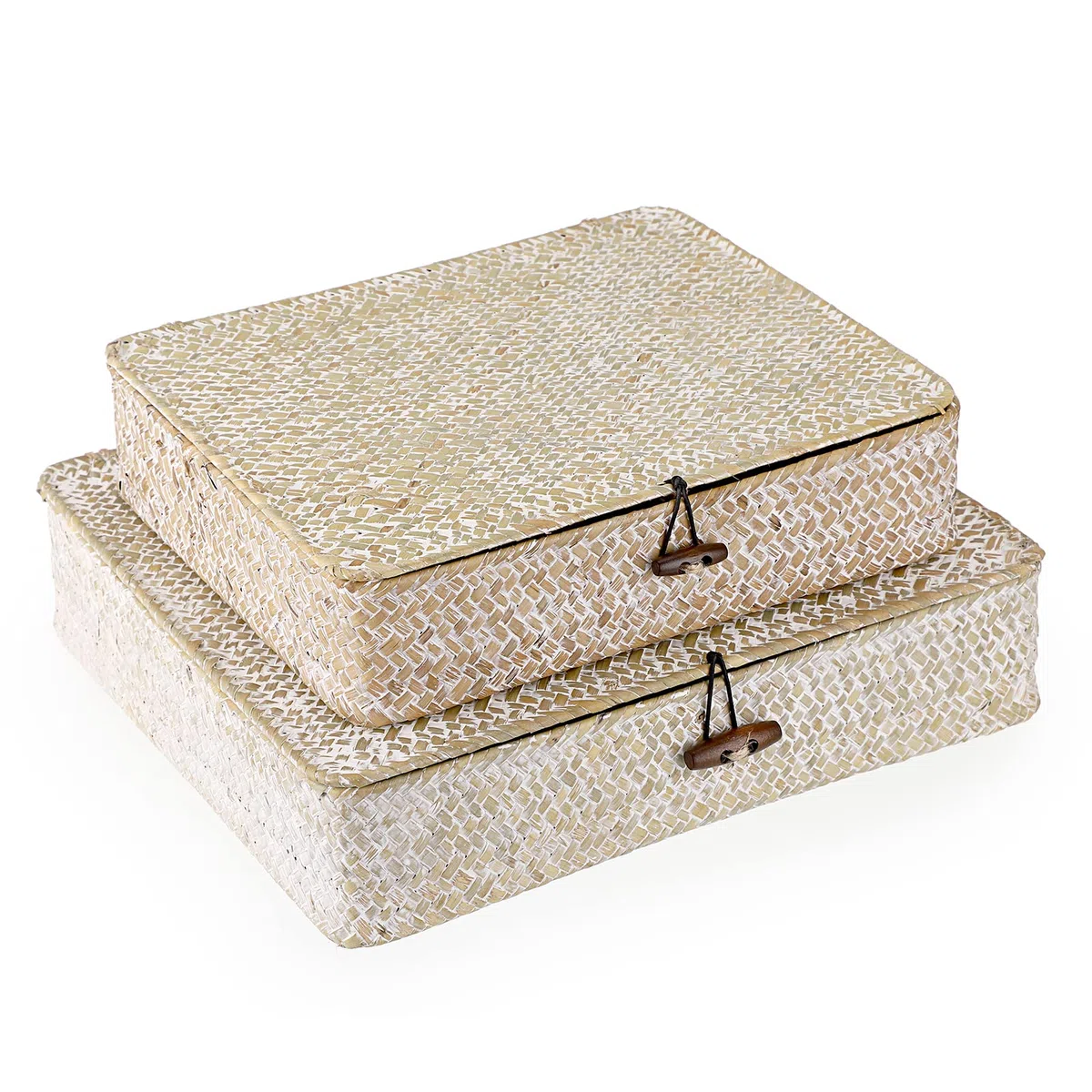 SUMNACON 2 cestas de ratán de algas marinas naturales con tapa, cestas de almacenamiento, cestas de almacenamiento, para cocina, baño, dormitorio, grande y pequeña (rectangular, blanco)