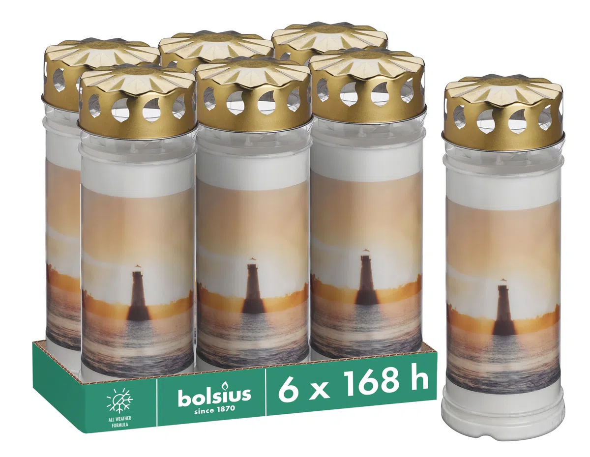 Bolsius - Luz de tumba – Blanco – Juego de 6 unidades – Faro – Longitud de la combustión 7 días – Vela de luto & Memorial – con diseño – Sin aceite de palma – Nº 7 – 20 x 7,5 cm