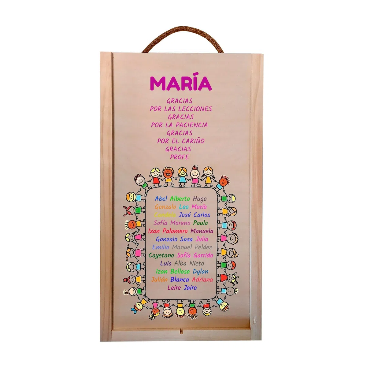 Caja de madera personalizada para regalar a maestros, docentes, profesores de guardería. Capacidad para 2 botellas de vino o aceite.