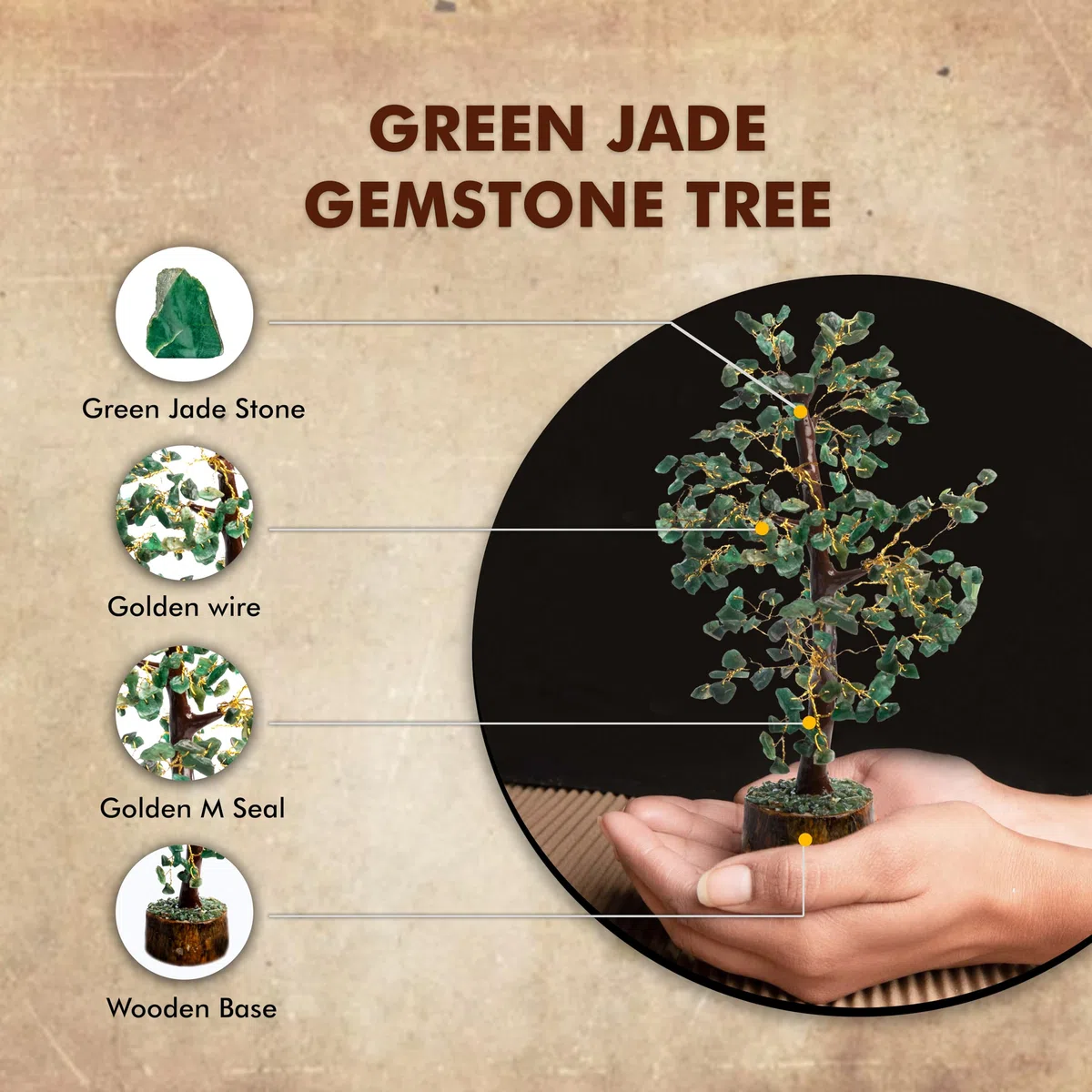WC Arbre en Cristal de Jade Vert pour décorations d'intérieur à énergie Positive et arbre en Cristal de guérison Avec Joint en M et Fil doré | Arbre de Fortune | Décor de Cristal (300 Perles)
