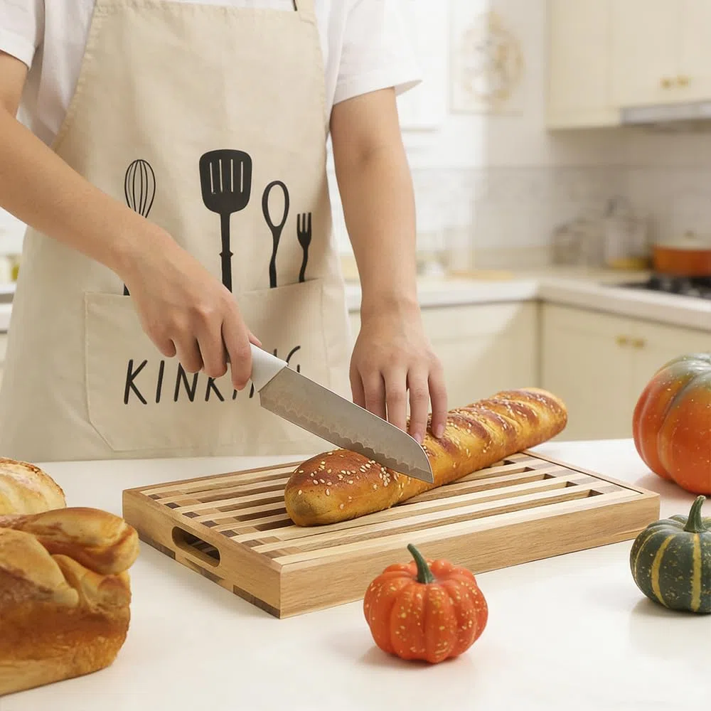 Tabla de Cortar Pan de Madera para Cocina con Bandeja Recogemigas, Pinzas de Madera Tabla Para Cortar Pan con Rejilla Extraíble Tabla Pan Madera Tabla para Cortar el Pan(36.5x24x4cm)