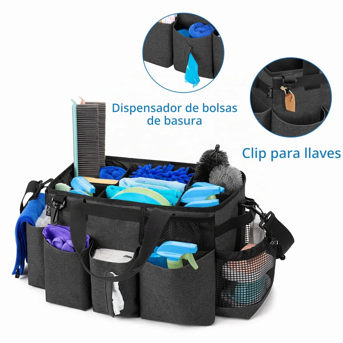 LoDrid Bolsa organizadora de artículos de limpieza, negra | Organizador portátil de artículos de limpieza con asas laterales y correa para el hombro (solo la bolsa)