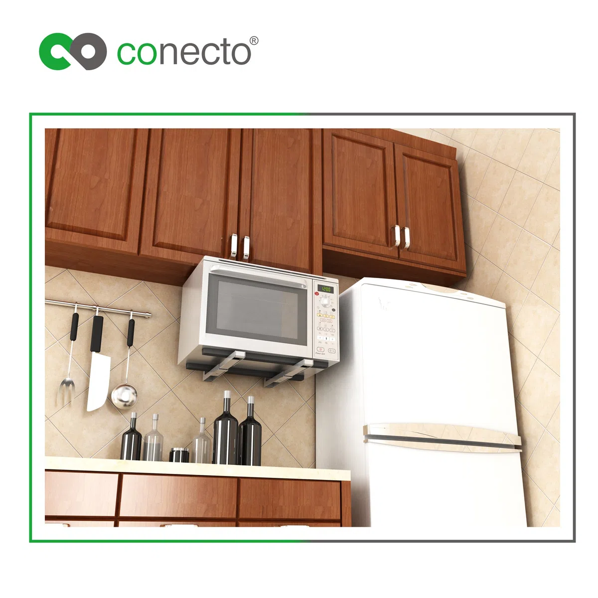 conecto Universal/Soporte para microondas para Montaje en Pared, Soportes Ajustables en Longitud (38,5-53,5 cm), Ancho de Soporte 43 cm, Capacidad de Carga máxima 35,0 kg, Blanco