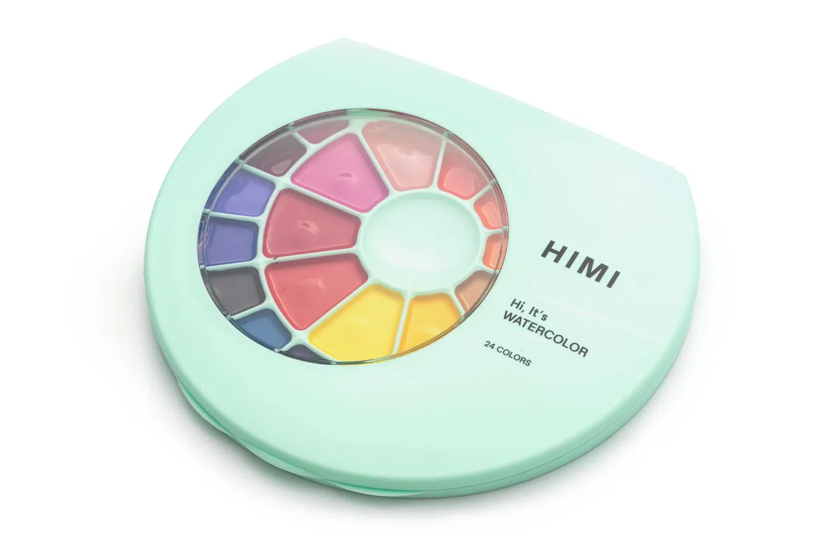 HIMI Juego de acuarelas semihúmedas, 24 colores en sartenes, pincel, edición Green Case Edition, más suave que seco, despierta con un chapoteo de agua, fácil de mezclar, pincel, suministros de juego