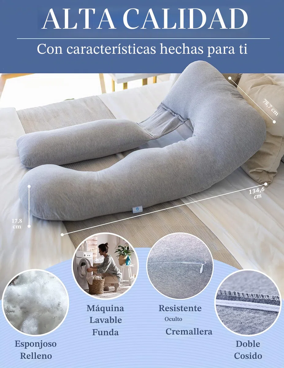 Pharmedoc Almohada para Embarazadas, Almohada de Cuerpo Entero en Forma de U Gris y Soporte para la Maternidad - Soporte para la Espalda, Caderas, piernas y Vientre para Mujeres Embarazadas