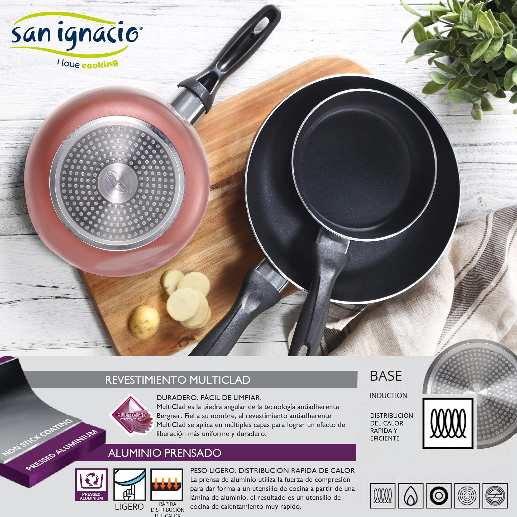 San Ignacio Bateria 7pcs acero inoxidable: Cazo sin tapa Ø16 / Cacerolas con tapa Ø18 ; Ø20 y Ø24 (4.0L) y Set de 3 sartenes Ø16/20/24 cm, aluminio prensado