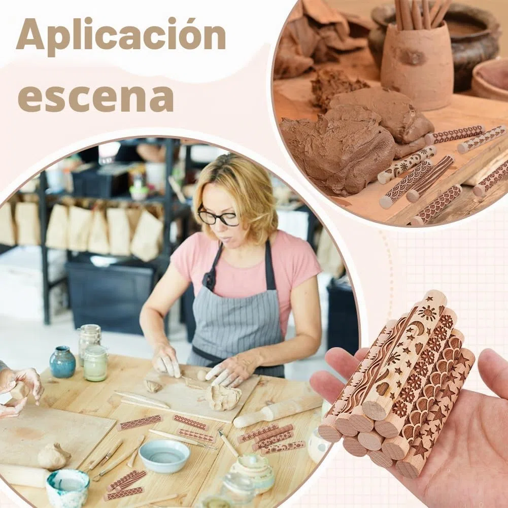 Unicraftal - Juego de 10 rollos de textura de madera para arcilla cerámica cerámica cerámica alfareros sellos herramientas rodillos de pastelería texturizados, kit de modelado para bricolaje artesanal