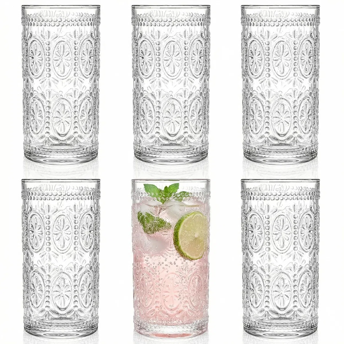 Bekith Juego de 6 vasos de agua románticos de 12 onzas, vasos de alta calidad para bebidas, cerveza, refrescos, juego de cristalería vintage para cenas, bares, restaurantes