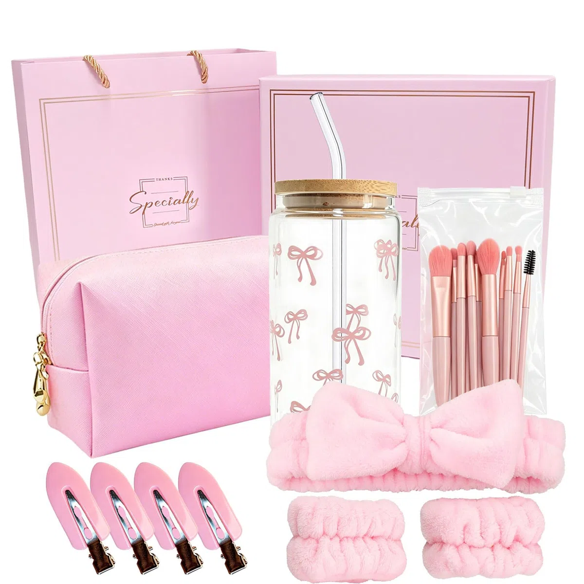 rosa Caja de regalo para niñas adolescentes 9-16 años, set de regalos de cumpleaños con vaso de vidrio, pajita, tapa, brochas de maquillaje, neceser, horquilla, conjunto de diademas