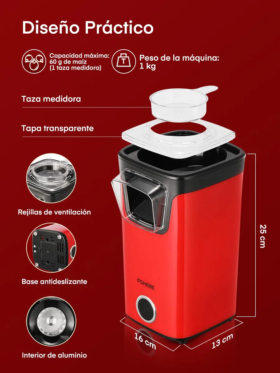 FOHERE Palomitero, 1100W Electrico Palomitera, Maquina de Palomitas Con Taza Medidora y Tapa Transparente, Sin Grasas Ni Aceites, Saludable y Delicioso, Ideal para Noches de Cine y Navidad