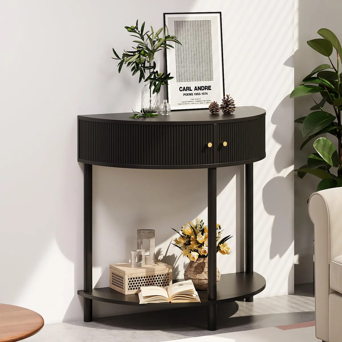 Trironsun Mesa de consola de media luna con espacio de almacenamiento, mesa de pasillo estrecha con 2 cajones, asas y estantes dorados, mesa auxiliar de madera boho para sala de estar, dormitorio o