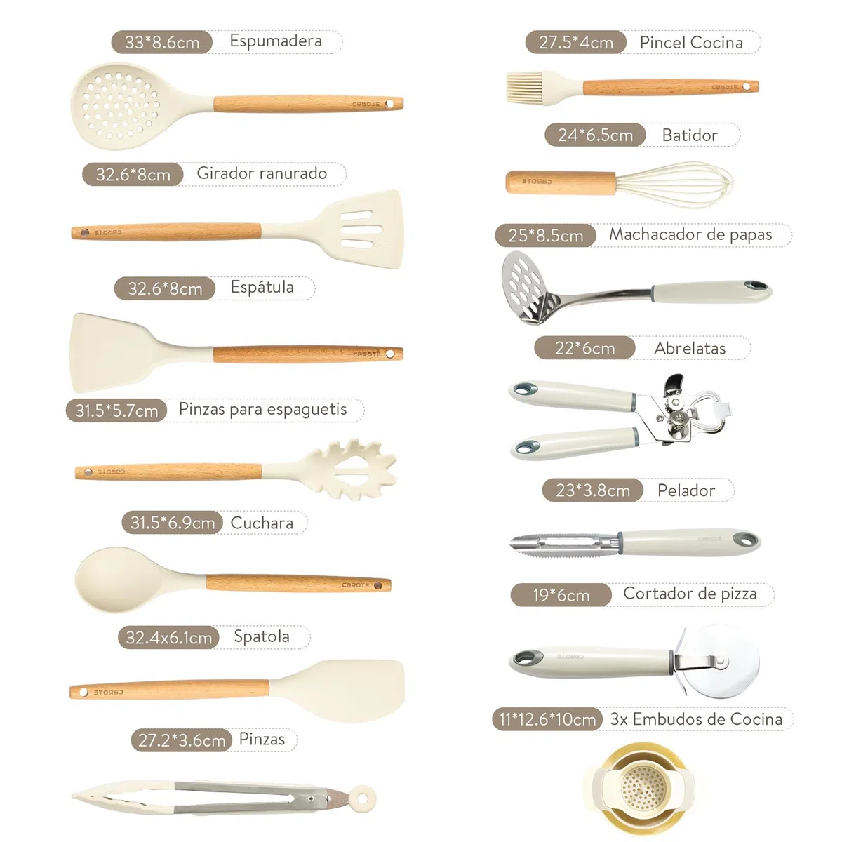 CAROTE Utensilios de Cocina de Silicona 16 Piezas, juego Utensilios de Cocina Resistencia al Calor y Antiadherente con Mango de Madera para Utensilios Accesorios Cocina, sin BPA