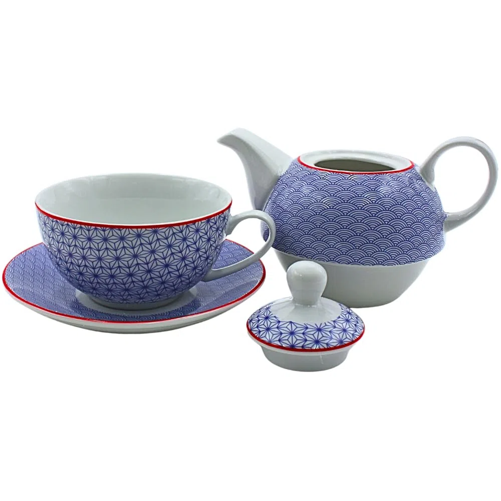 Dekohelden24 Jarra de porcelana, juego Tea for one, jarra para servir té, tetera, juego de té, taza de té con tetera, juego de teteras retro con taza de té de porcelana en azul, 15 x 15 x 16 cm (L/A/H