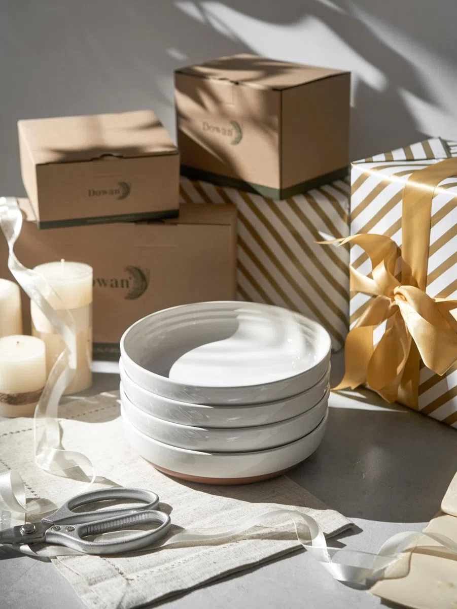DOWAN Juego de 4 cuencos grandes de cerámica de porcelana esmaltada de sésamo blanco luna, de 8.5 pulgadas, aptos para microondas, horno y lavavajillas, perfectos para cenas diarias, reuniones