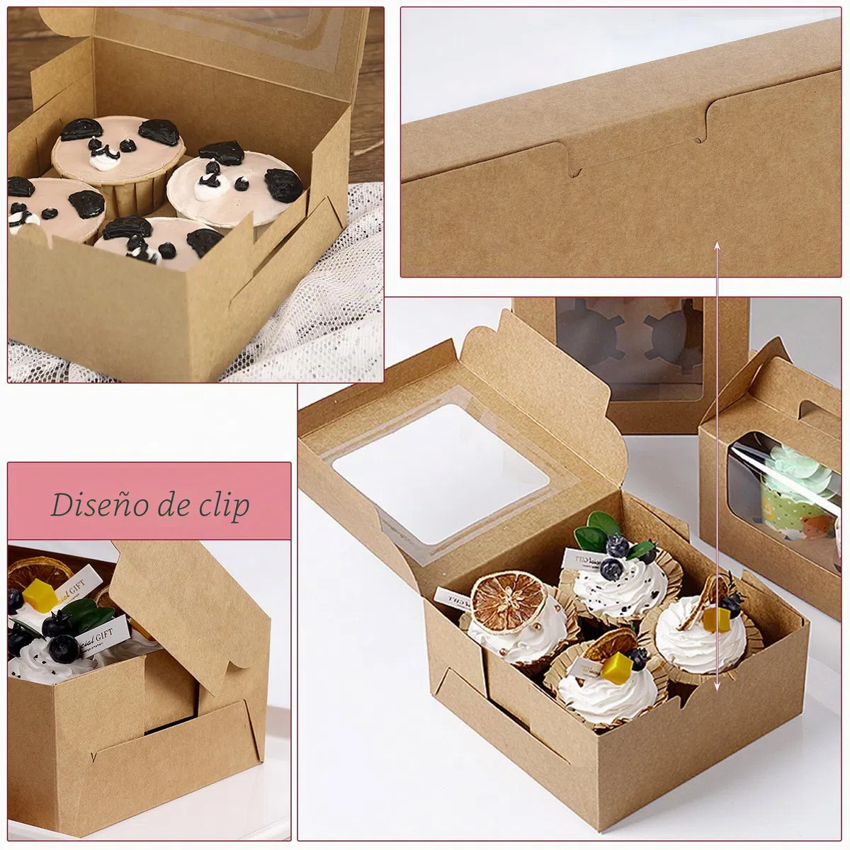 Coolty 30pcs Cajas para Tartas 4 Agujeros Cajas Cupcakes Cajas de Cartón para Embalaje Panadería Pastelería Cajas para Galletas Magdalenas Cupcakes Postres Tartas(Marrón)