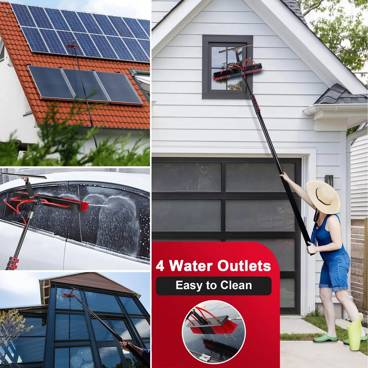 Genérico Kit de Cepillo para Ventanas con Panel Solar de Largo Alcance, pértiga telescópica con alimentación de Agua de 3,6-10,8 m, escobilla de Goma y 2 dispensadores de jabón y Polvo para