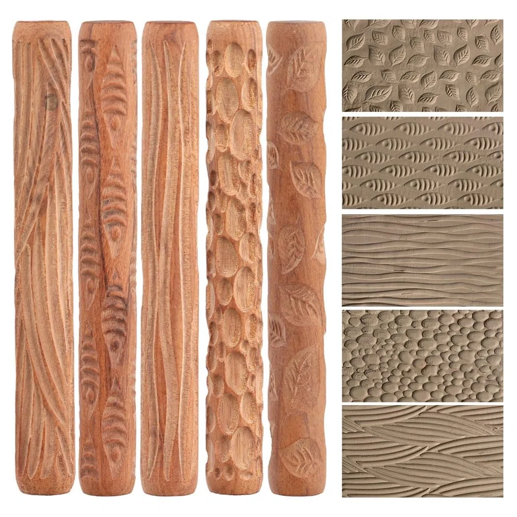 5 rodillos de patrón de modelado de arcilla, hojas de pescado de grano de madera, adoquines y texturas onduladas, rodillos de mano de madera para manualidades de cerámica, herramientas de escultura
