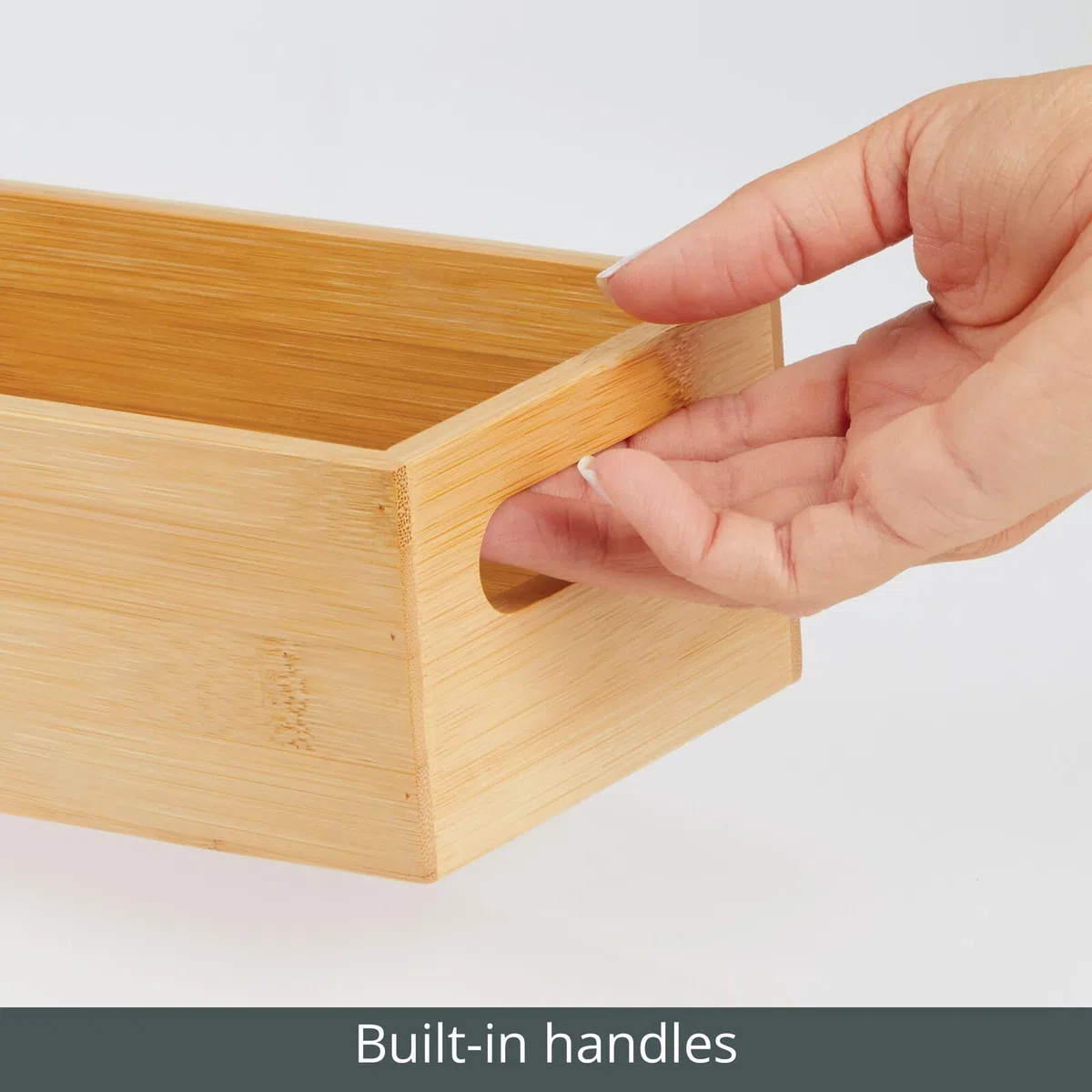 mDesign Juego de 2 cajas de almacenamiento con asas, práctica caja de madera para almacenamiento de alimentos, especias, nueces o botellas, bandeja de bambú abierta para cocina, color bambú