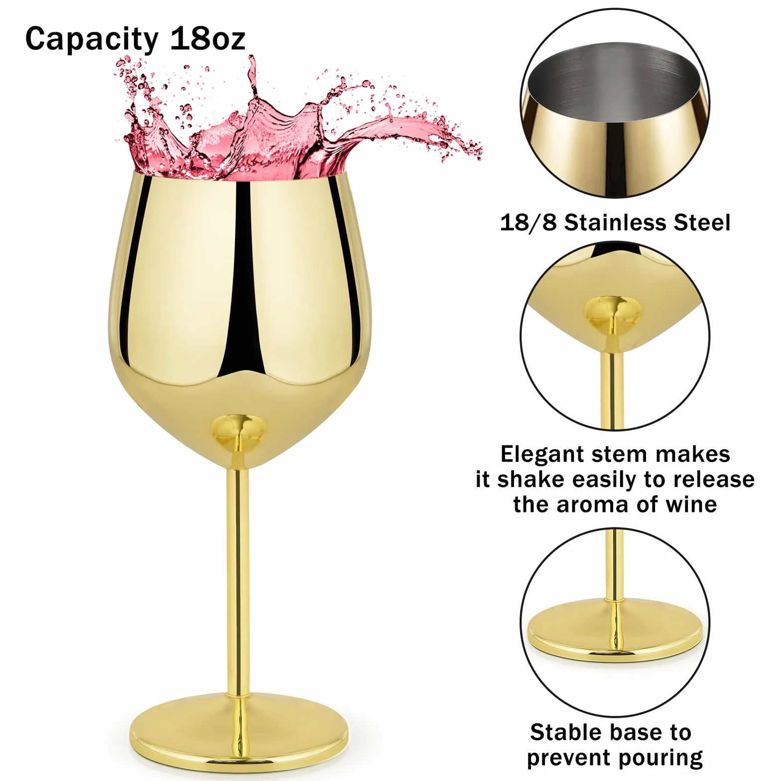 Lifecapido Juego de 2 copas de vino de acero inoxidable, copas de vino de acero inoxidable de 18 onzas, copas de vino de metal con tallo con cepillo para tazas para fiesta, oficina, boda, aniversario,