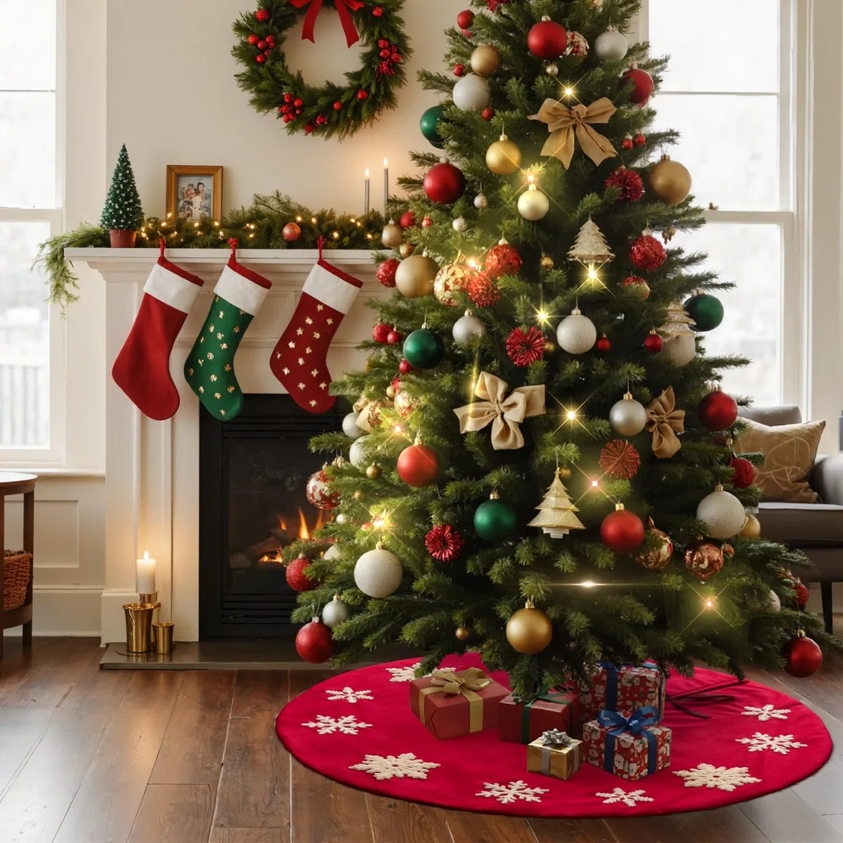 Lanpn Falda Cubre Pie para Arbol de Navidad de 90cm, Grande Terciopelo Copo de Nieve Redondas, Cubiertas para Base Alfombra para Decoración Navideña de Interiores (Rojo)