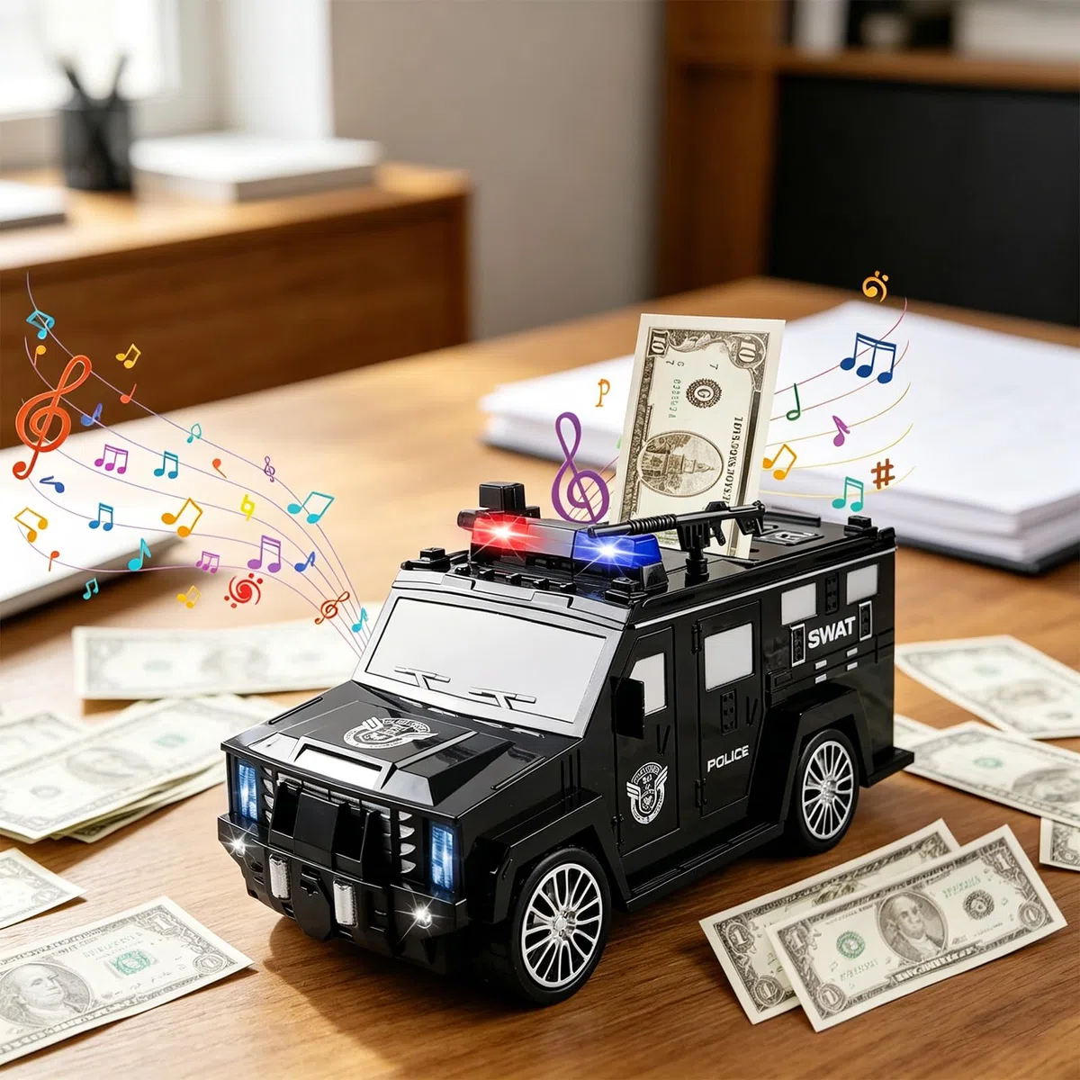Vegena - Hucha electrónica para niños y niños (camión blindado, hucha mágica, con cerradura de código, tarjeta bancaria, alarma antirobo y efectos de sonido