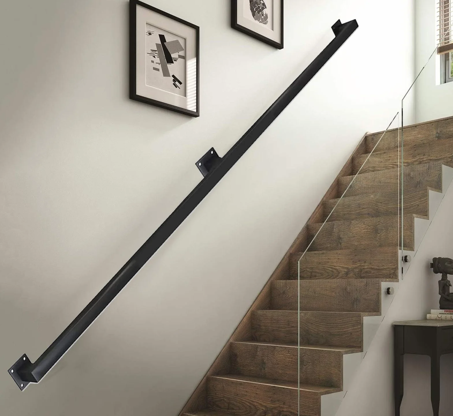 Pasamanos de metal de alta resistencia para montaje en pared con recubrimiento en polvo negro para interiores y exteriores, barandilla de seguridad antideslizante de 6.5 pies