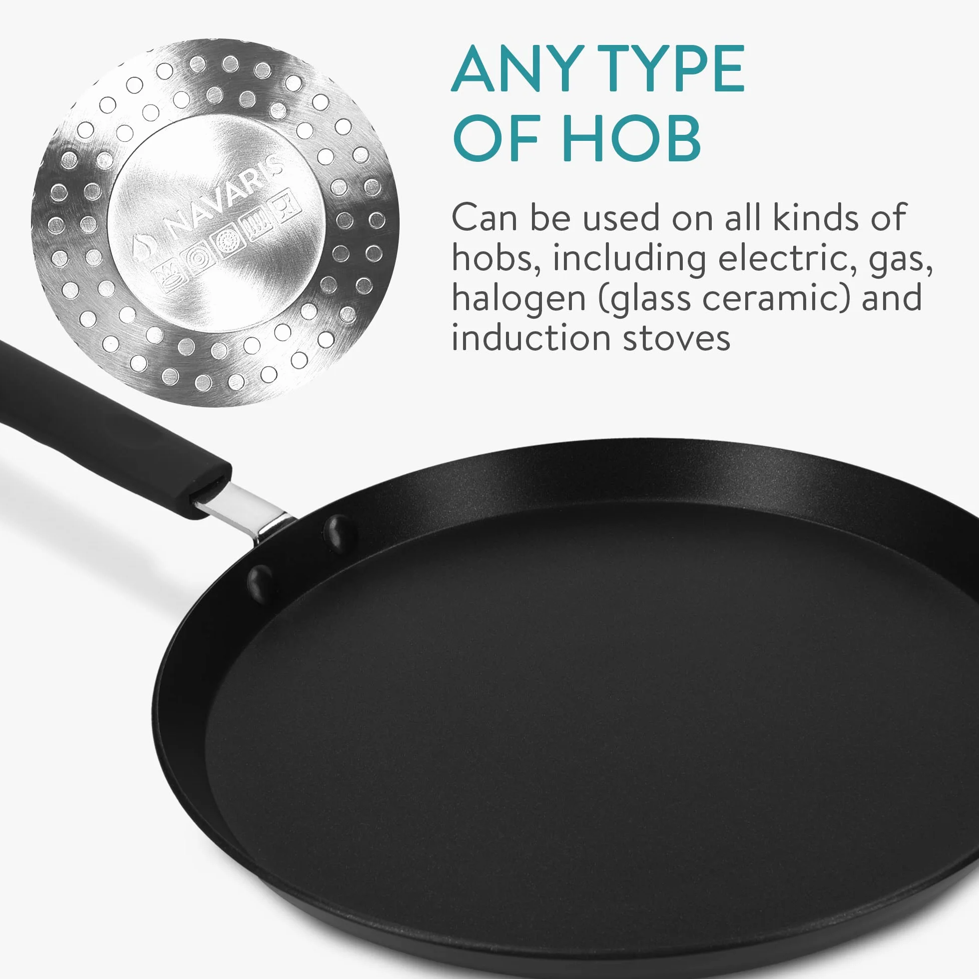 Navaris Sartén para Crepes - Sartén Antiadherente para Crepes Tortitas filloas Huevos - Crepera Plana Apta para inducción - 26CM de diámetro