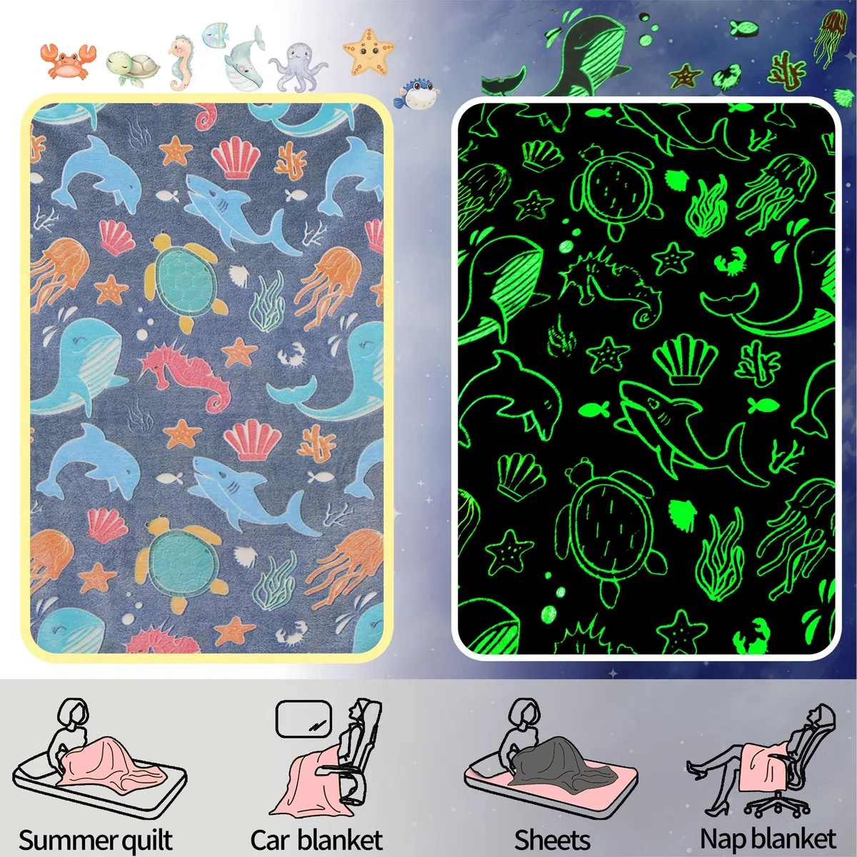 Manta para niños de 150x200cm, mundo submarino, ilumina en la oscuridad, súper suave y cálida para regalos de niños (HY-B, 150x200cm)