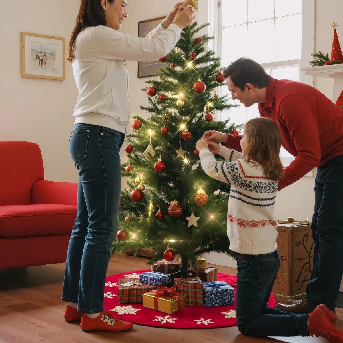 Lanpn Falda Cubre Pie para Arbol de Navidad de 90cm, Grande Terciopelo Copo de Nieve Redondas, Cubiertas para Base Alfombra para Decoración Navideña de Interiores (Rojo)