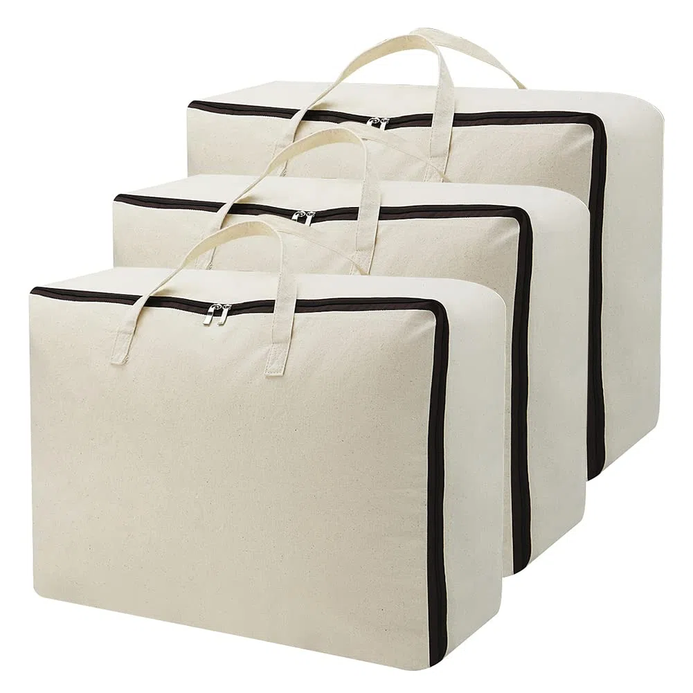 Bolsa grande y suave de lona para ropa de cama, con cremallera de algodón natural | Bolsa de almacenamiento para armarios y debajo de la cama, bolsa organizadora de prendas para guardarropa | Pack de