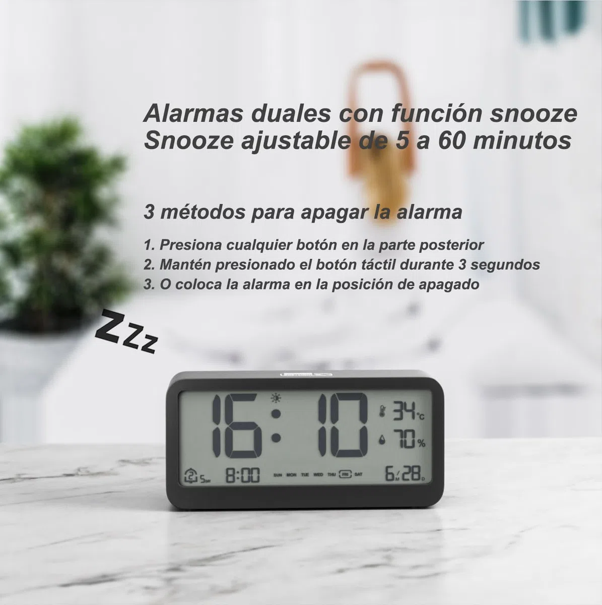 Reloj Despertador Digital a Pilas con Calendario | Temperatura | Humedad | Pantalla LCD | Doble Alarma | Repetición y Retroiluminación Reloj Pequeño de Sobremesa (Negro)