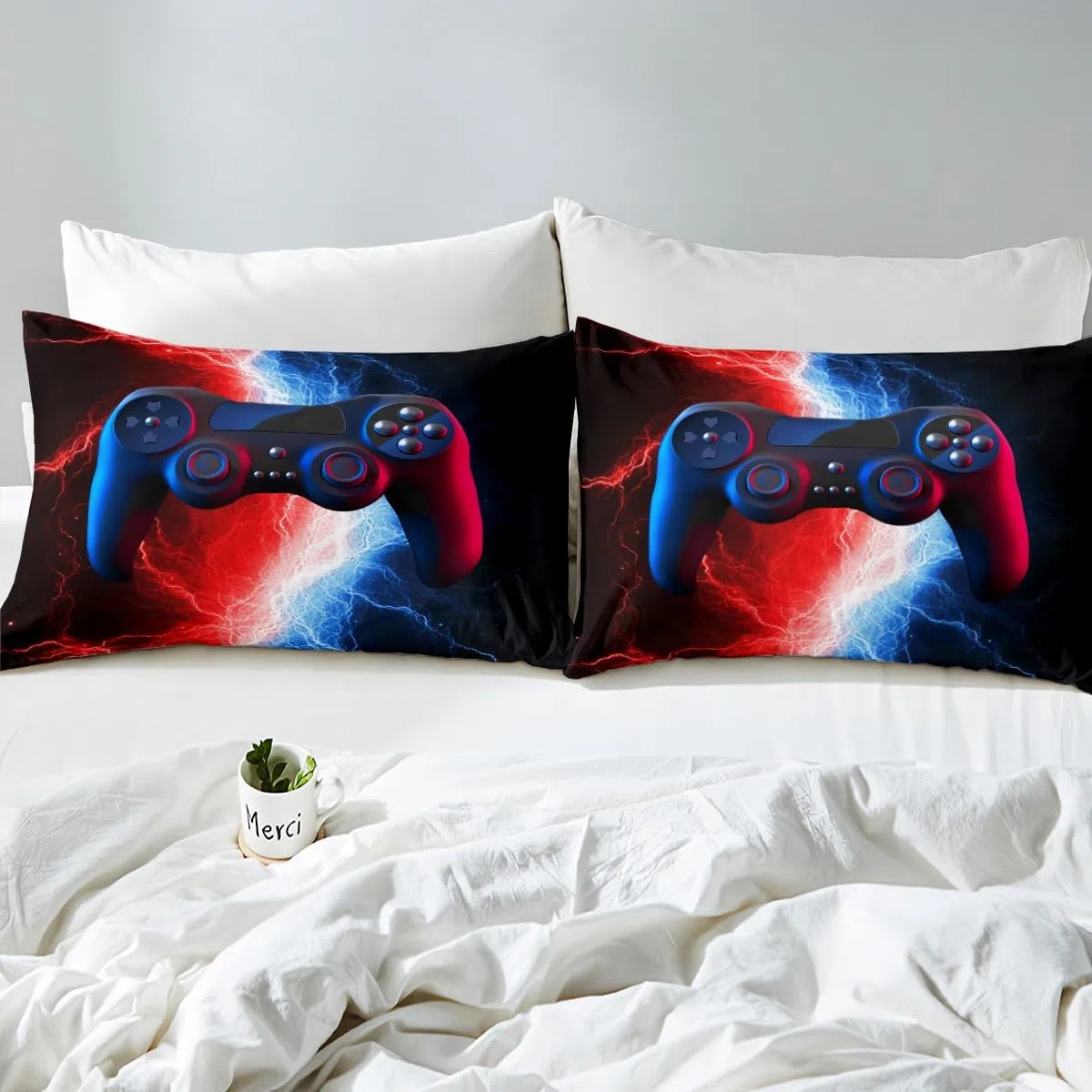 Juego de ropa de cama para niños, juego de cama para juegos de vídeo, juego de ropa de cama para chicos, hombres y adolescentes, funda nórdica de color rojo y azul, con funda de almohada, 155 x 220 cm