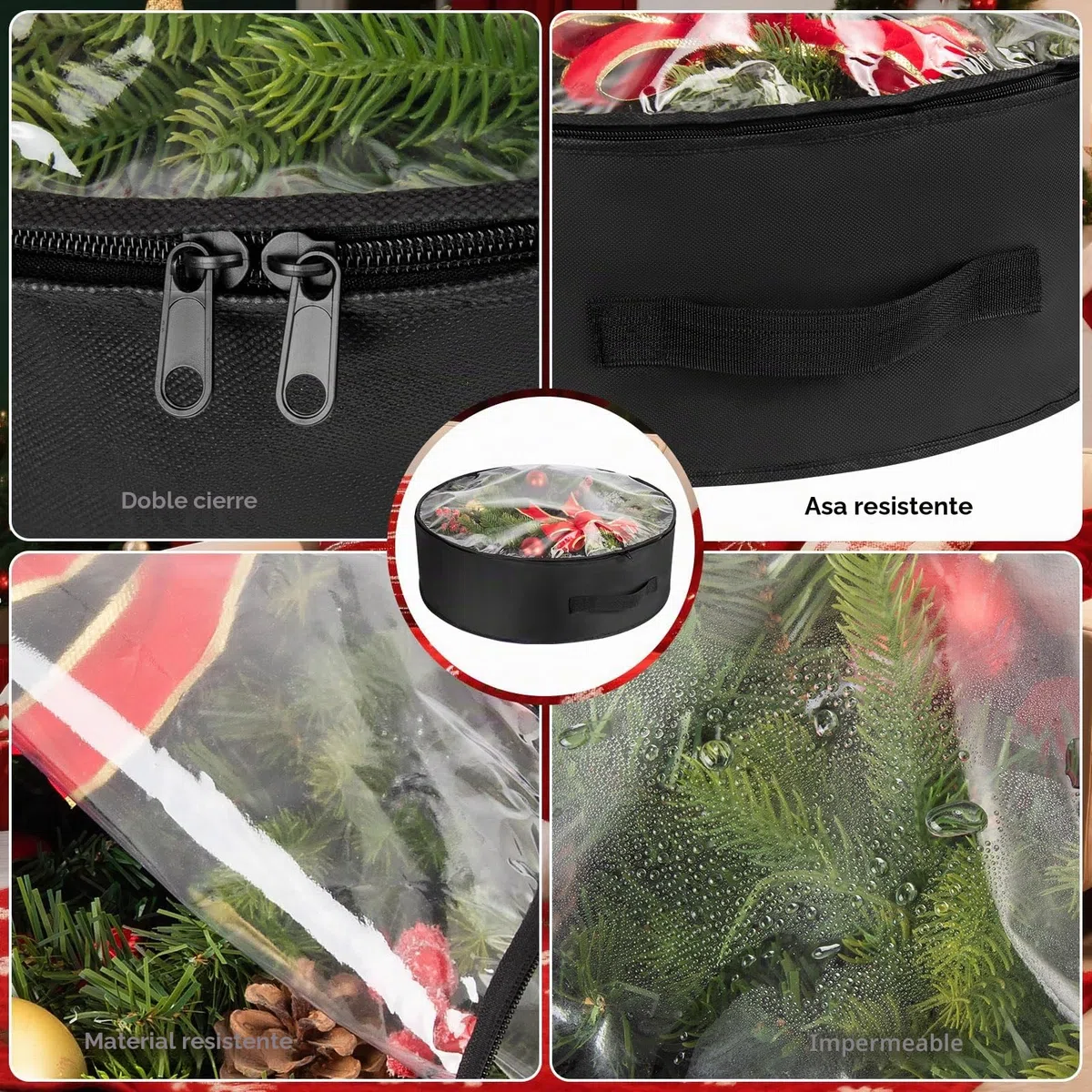 Paquete de 3 bolsas de almacenamiento de corona de Navidad con ventana transparente – Organizador impermeable negro de PE/PVC para decoración navideña, guirnaldas y adornos | Cierre de cremallera y